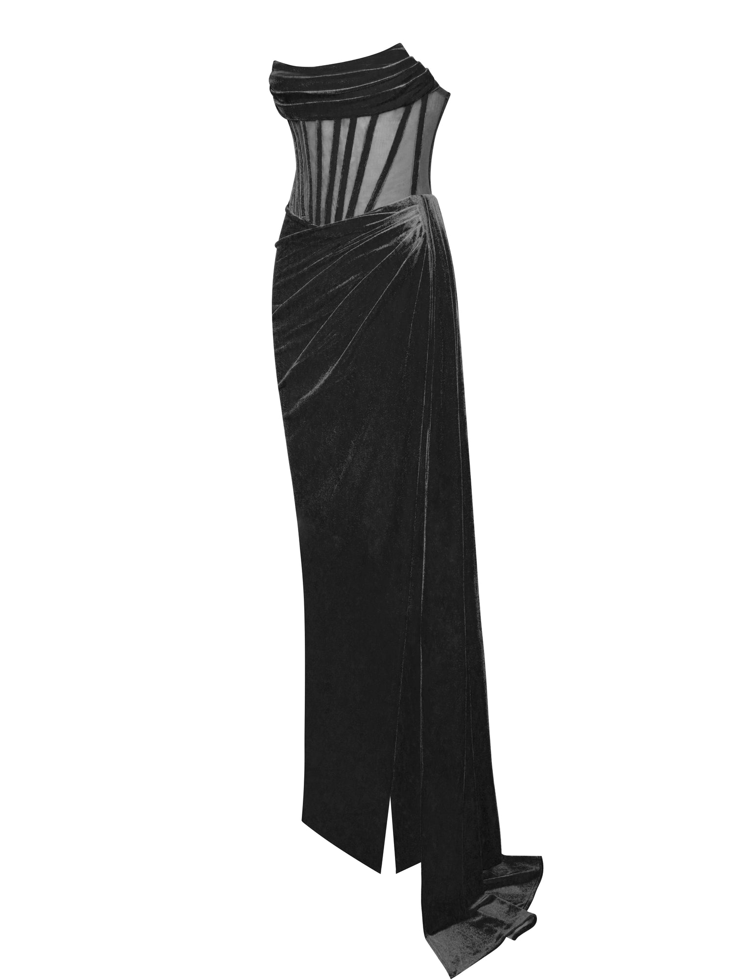 Priya Draping Corset High Slit Velvet Gown | Black