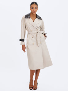 Umber Double-Breasted Faux Leather Lapel Trench Coat | Oyster