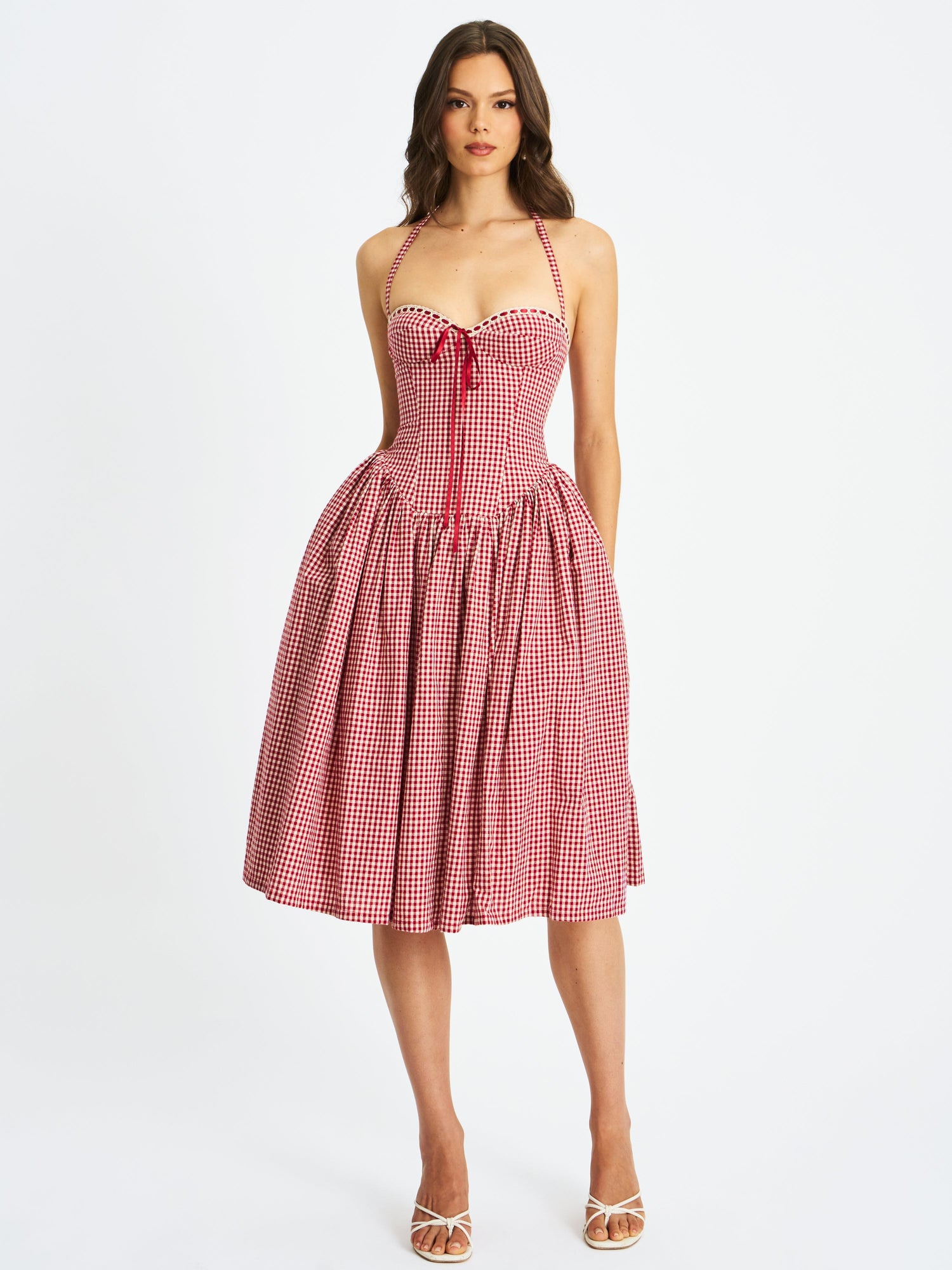 Susanna Red Cotton Gingham Drop Waist Midi Dress | Red Gingham