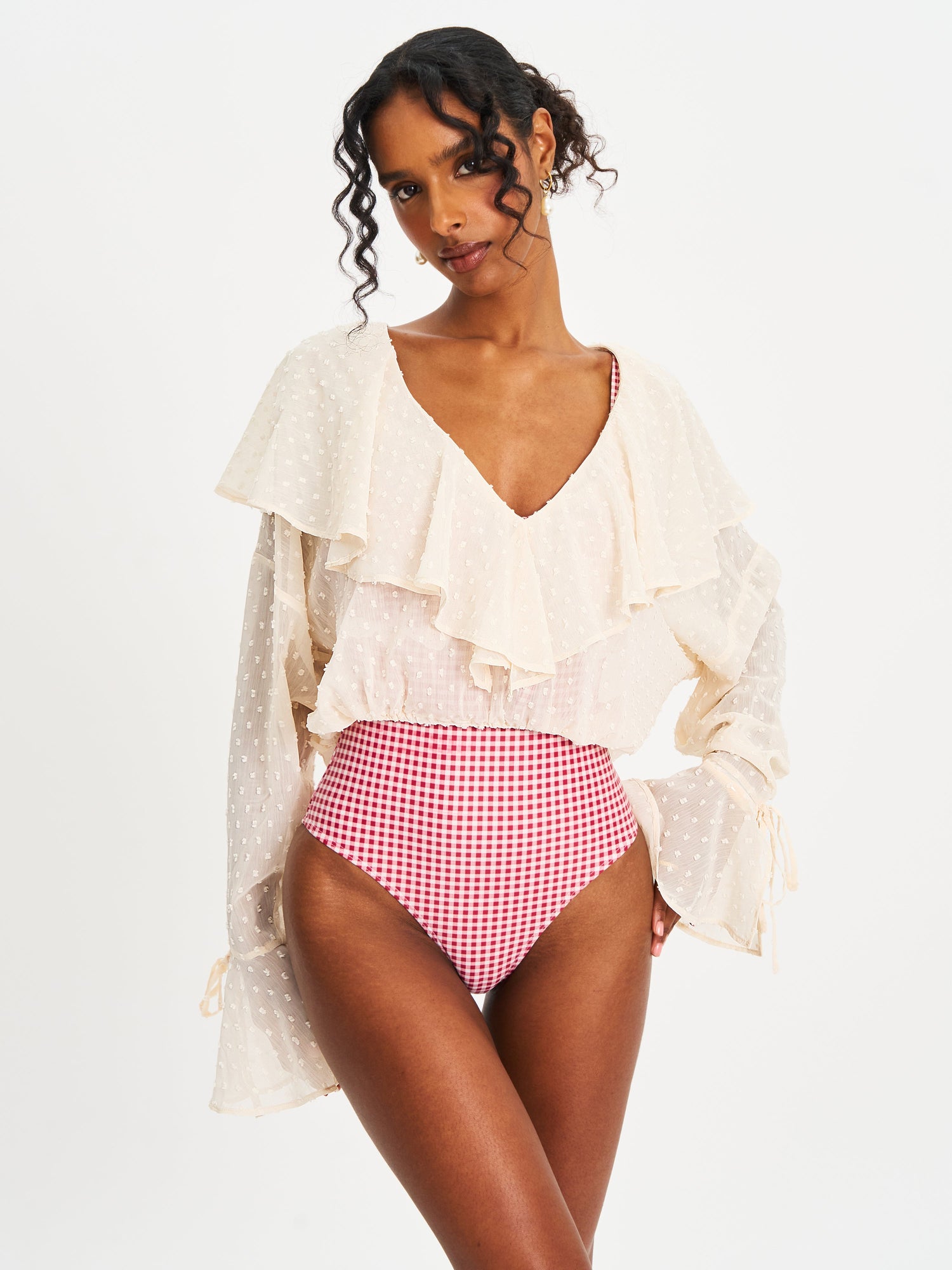 Magali Dotted Mesh Ruffle V Collar Top | Beige