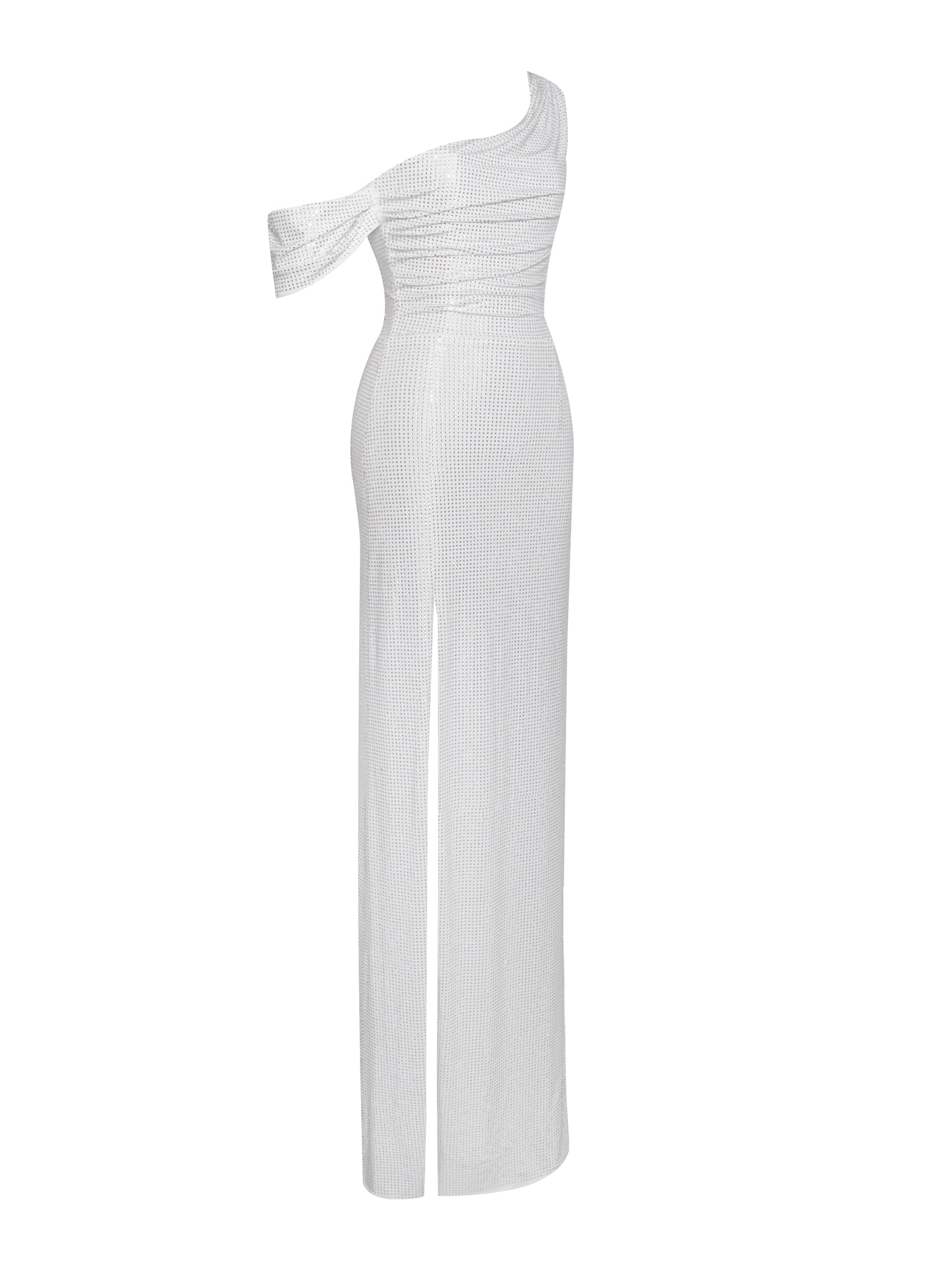 Paget Mesh Rhinestone Embellished High Slit Gown | White