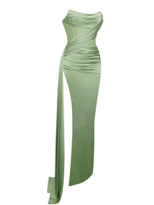 Holly Crystallized Corset High Slit Satin Gown | Basil