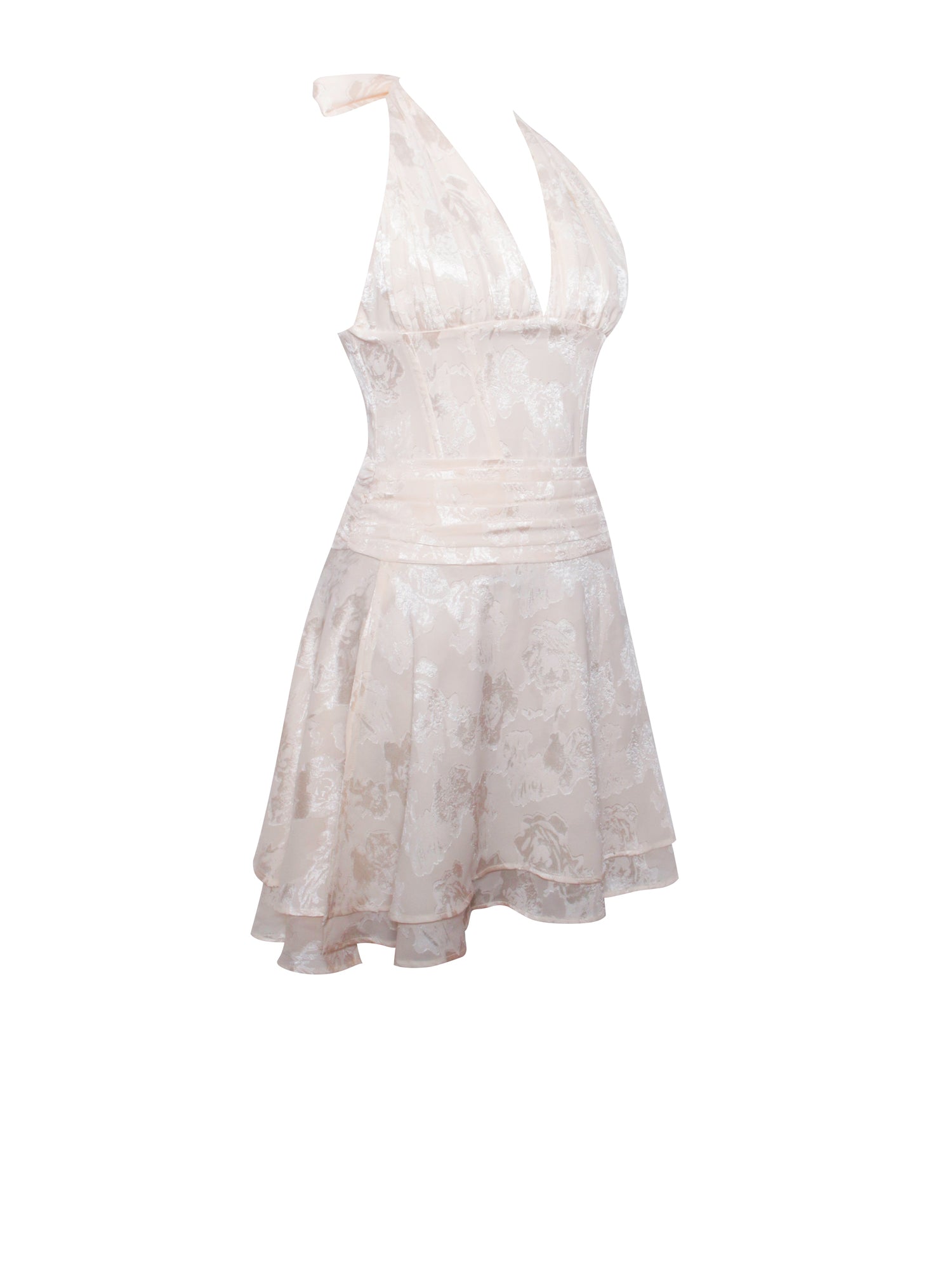 Quintana Jacquard Textured Slit Halter Mini Dress | Beige