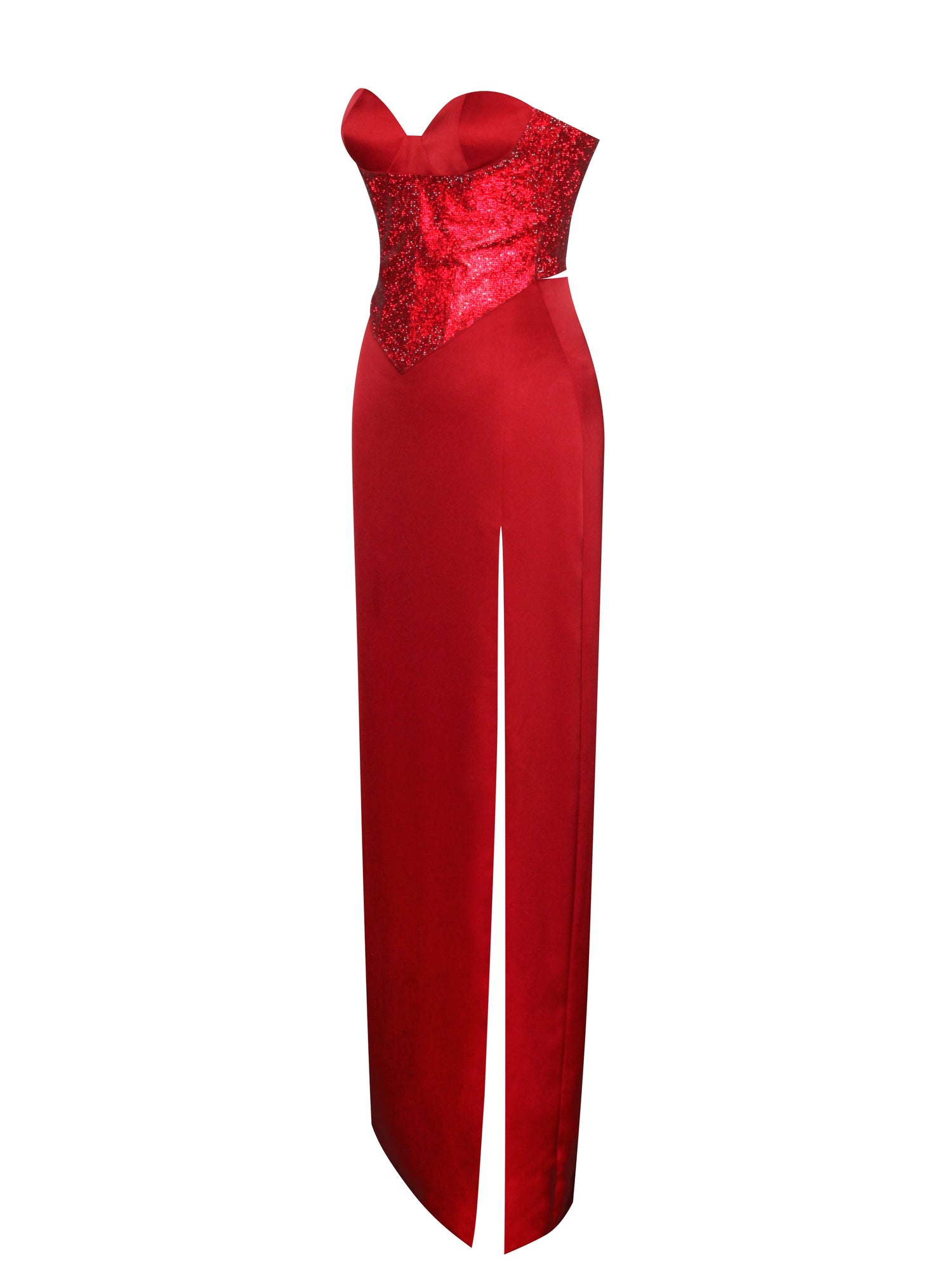 Kadesha Crystal High Slit Satin Corset Gown | Red