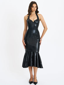 Gardenia Leather Midi Sweetheart Halter Flared Dress | Black