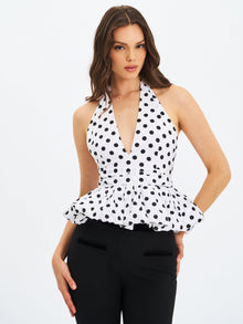 Ilene Polka Dot Cotton Poplin Bubble Hem Halter Top | Black and White Polka Dot