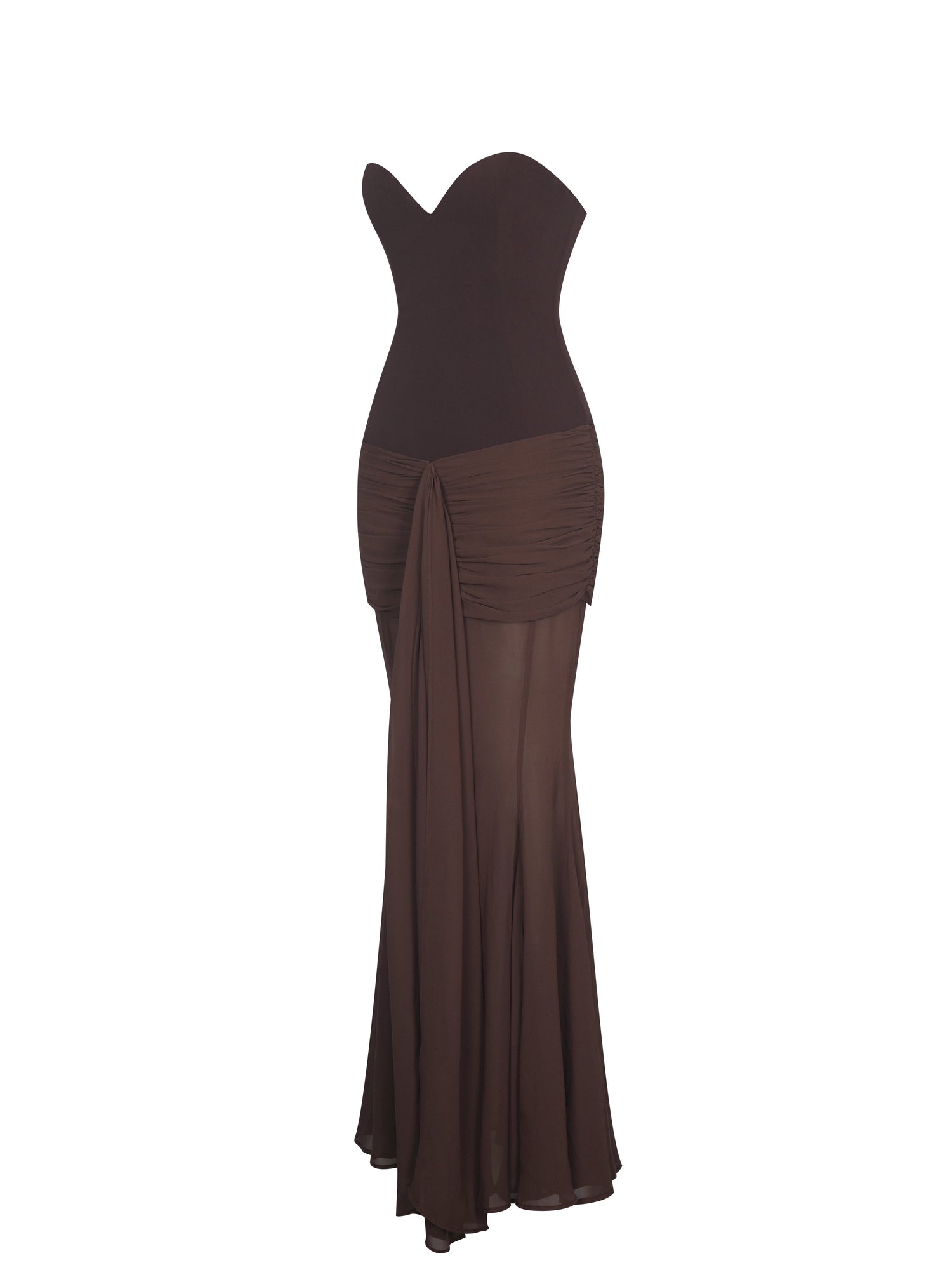Giovana Sweetheart Draped Mesh Mermaid Maxi Dress | Espresso