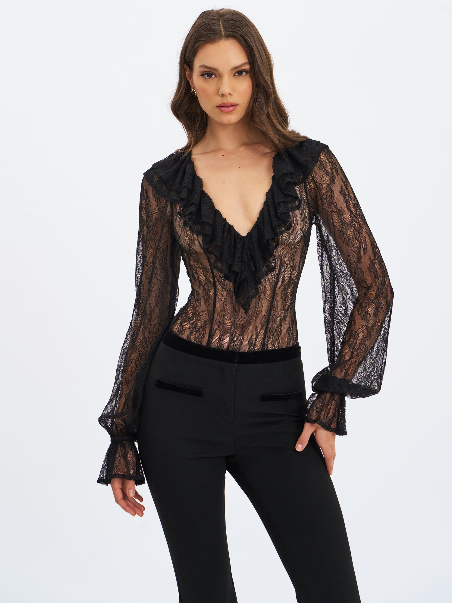 Taliah Sheer Lace Ruffled Collar Bodysuit | Black