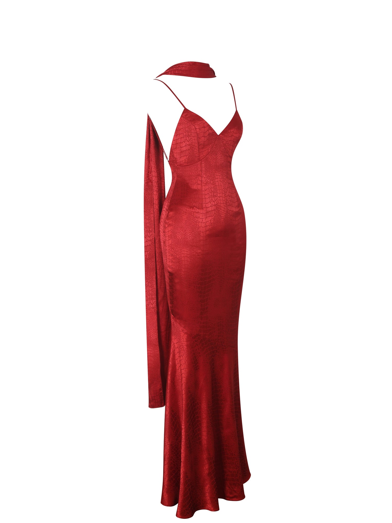Kelsey Croc-Embossed Flared Hem Maxi Dress with Scarf | Scarlet