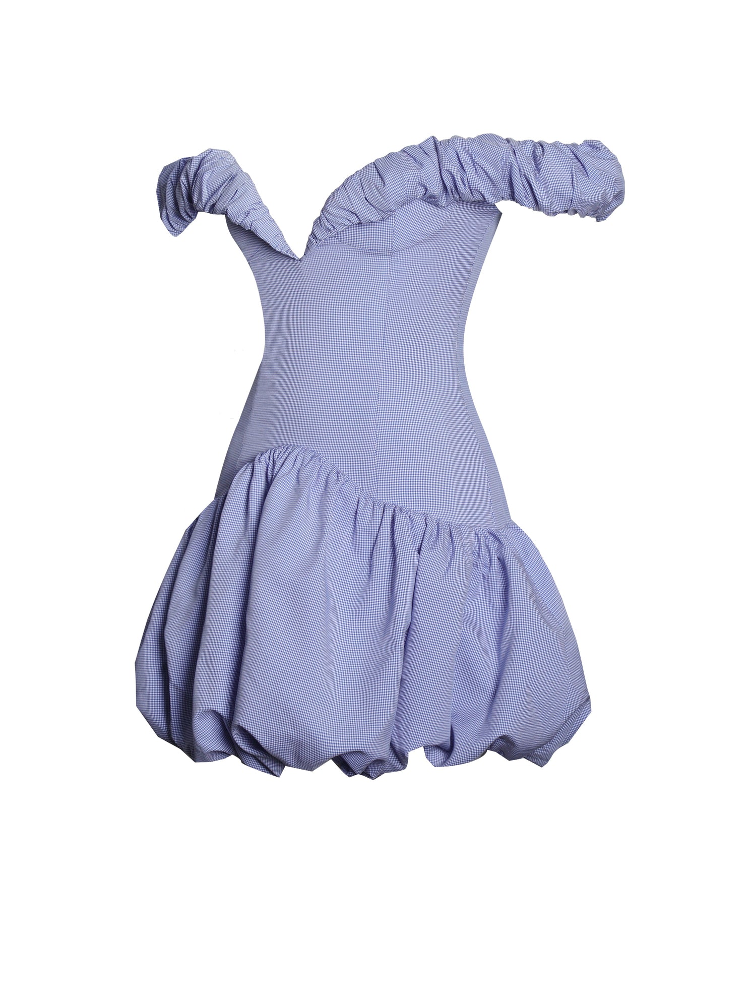 Sablee Checkered Puffy Off Shoulder Trim Bubble Hem Mini Dress | Blue Checkered
