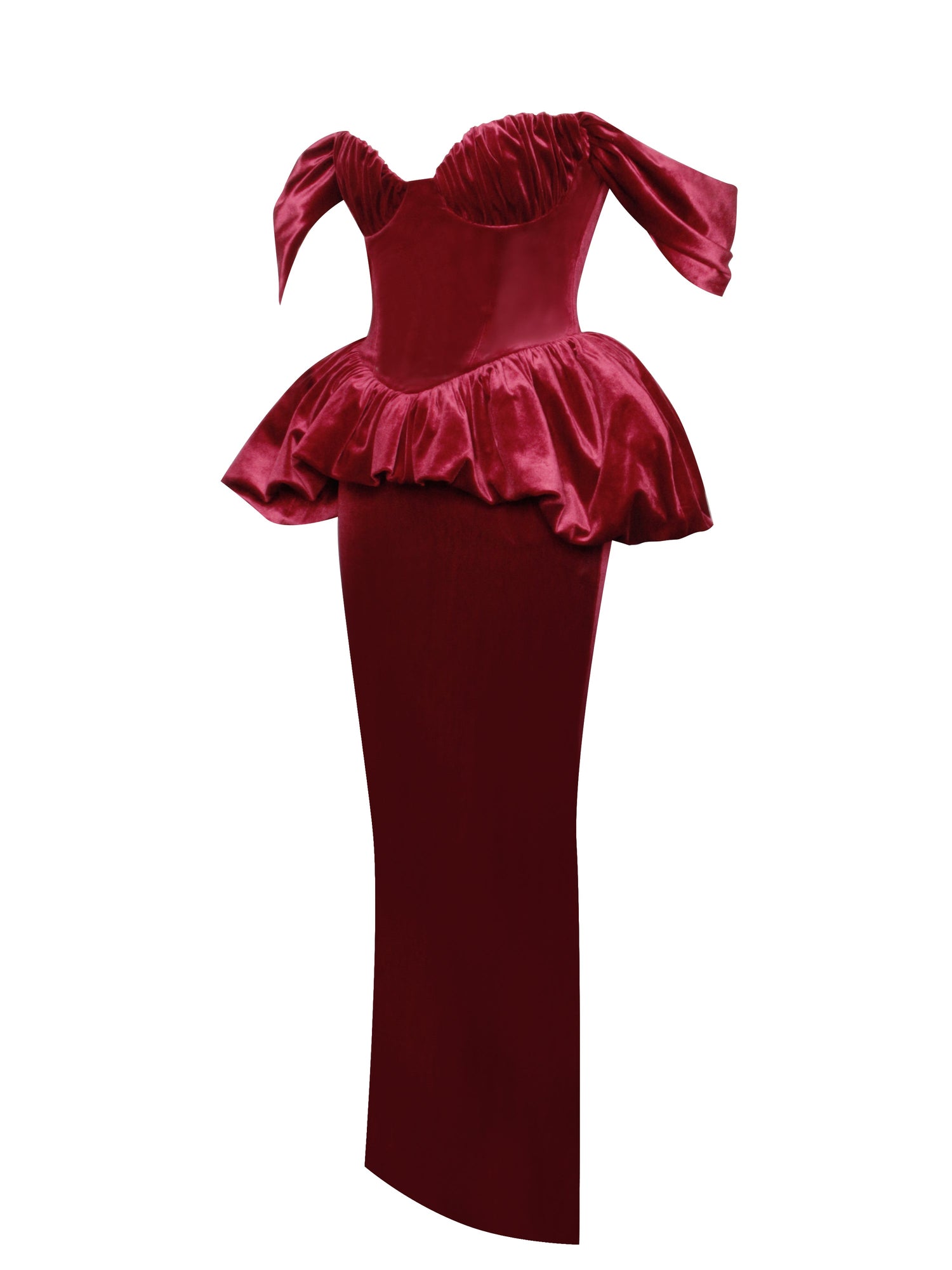 Abigail Velvet Off Shoulder Bubble Hem Peplum Maxi Dress | Burgundy
