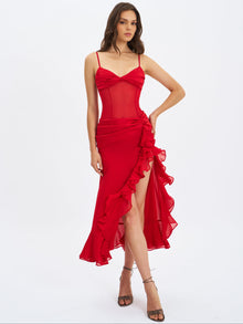 Dahlina Ruched Waist High Slit Midi Dress | Red