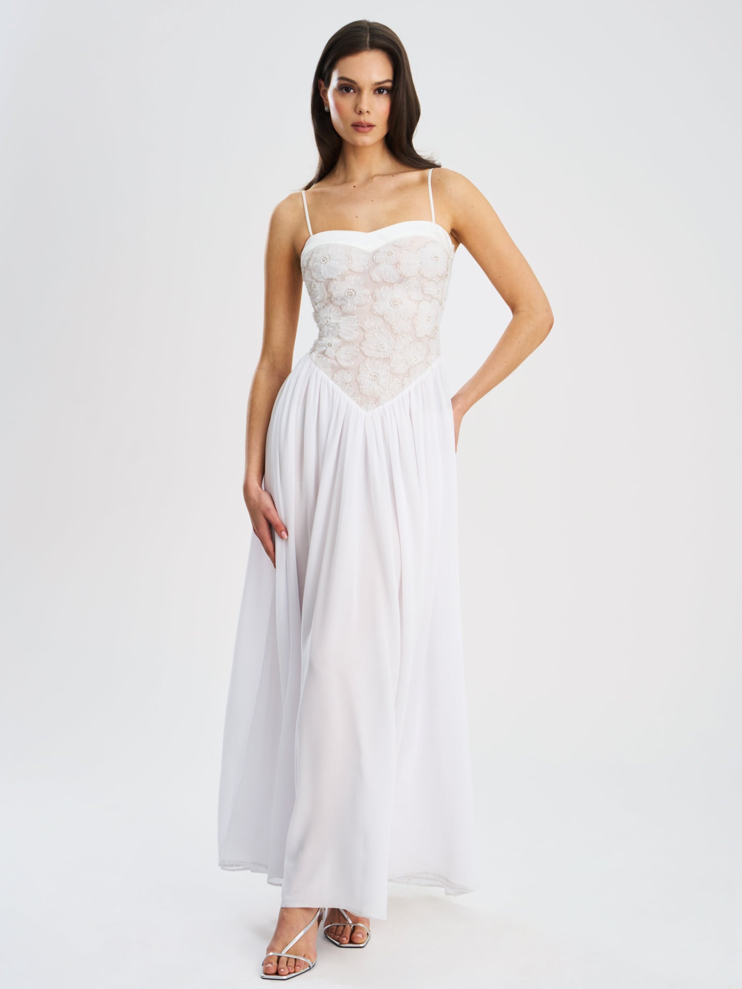 Ucille Embroidered Chiffon Maxi Dress | White