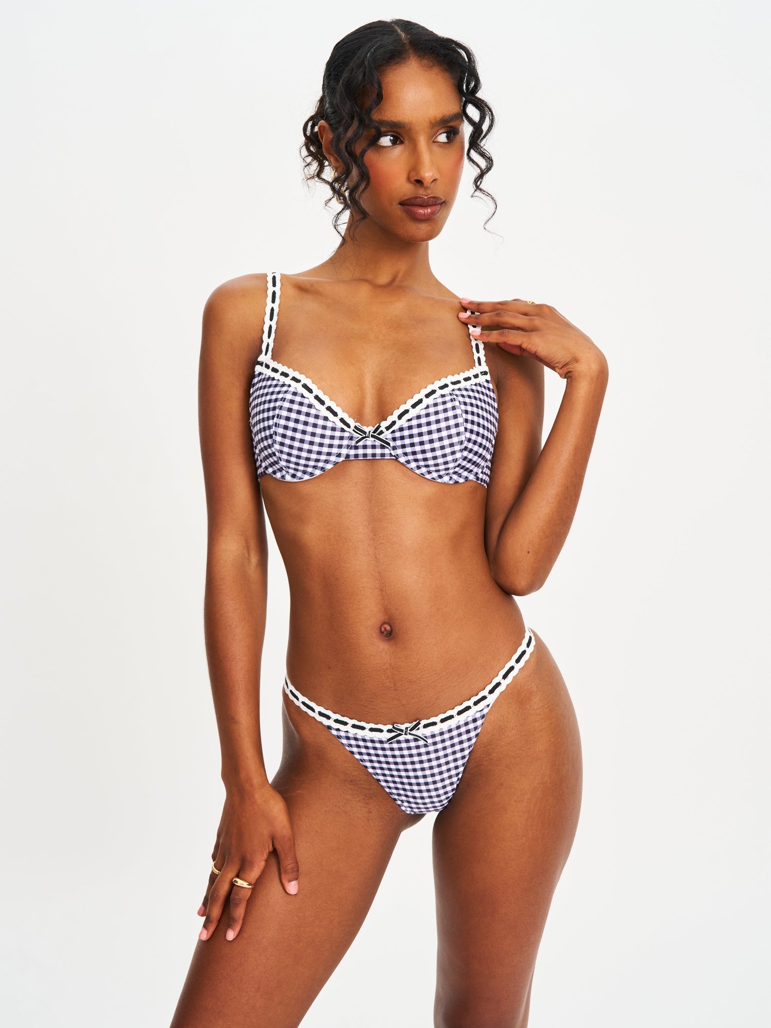 Genevia Gingham Lace Decoration Bikini Bottom | Geneva Gingham