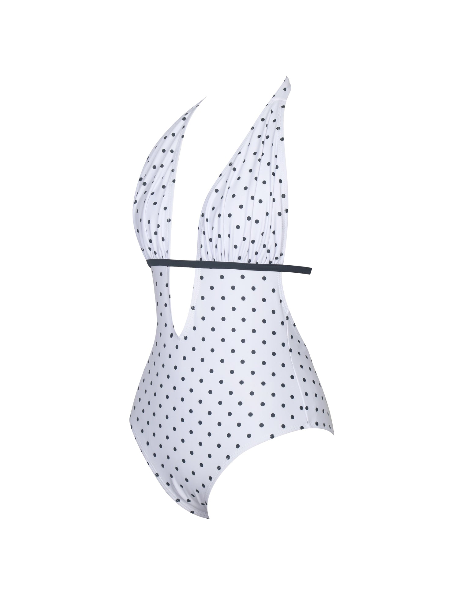 Olive Base Polka Dot Ruched Halter Backless Swimsuit | White