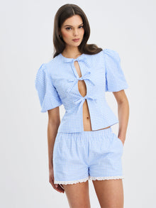 Qusayla Cotton Bubble Sleeve Bowtie Top | Baby Blue Gingham