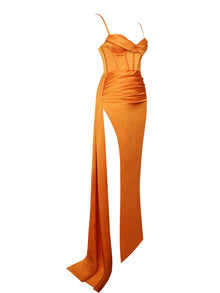 Elayna Strappy Satin Corset High Slit Gown | Orange