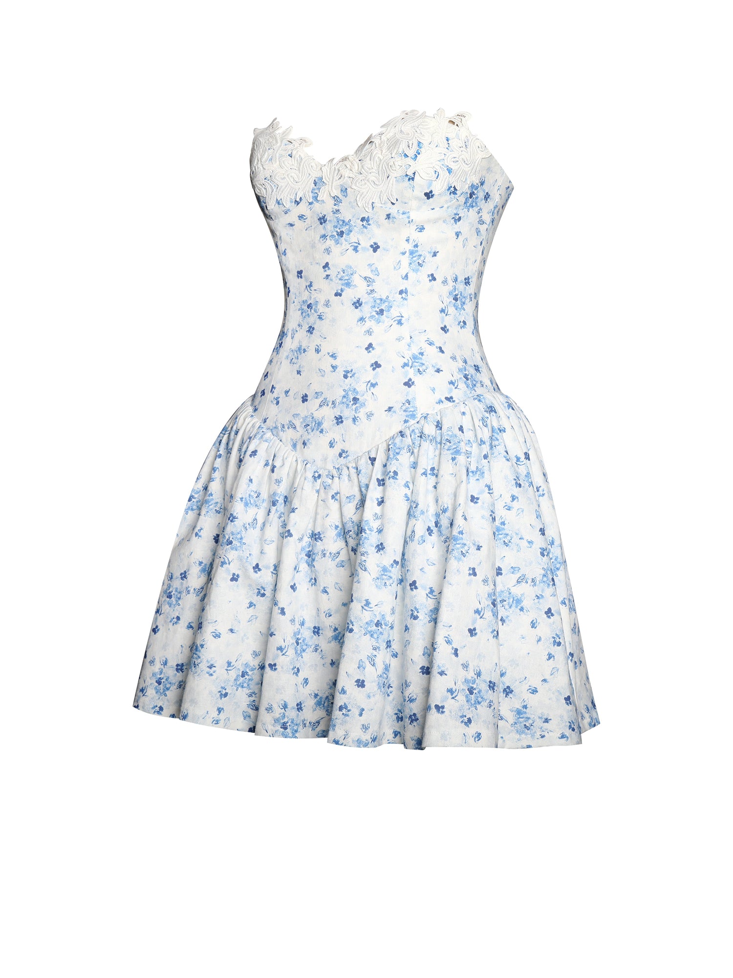 Taleah Floral Print Linen Mini Dress with Lace Trim | Blue