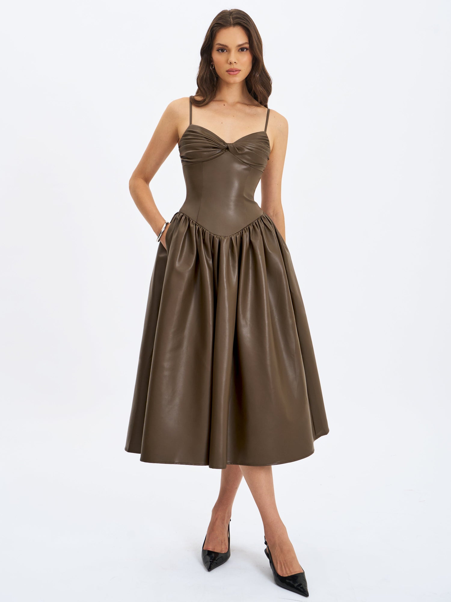 Parisia Vegan Leather Drop Waist Midi Dress | Cocoa
