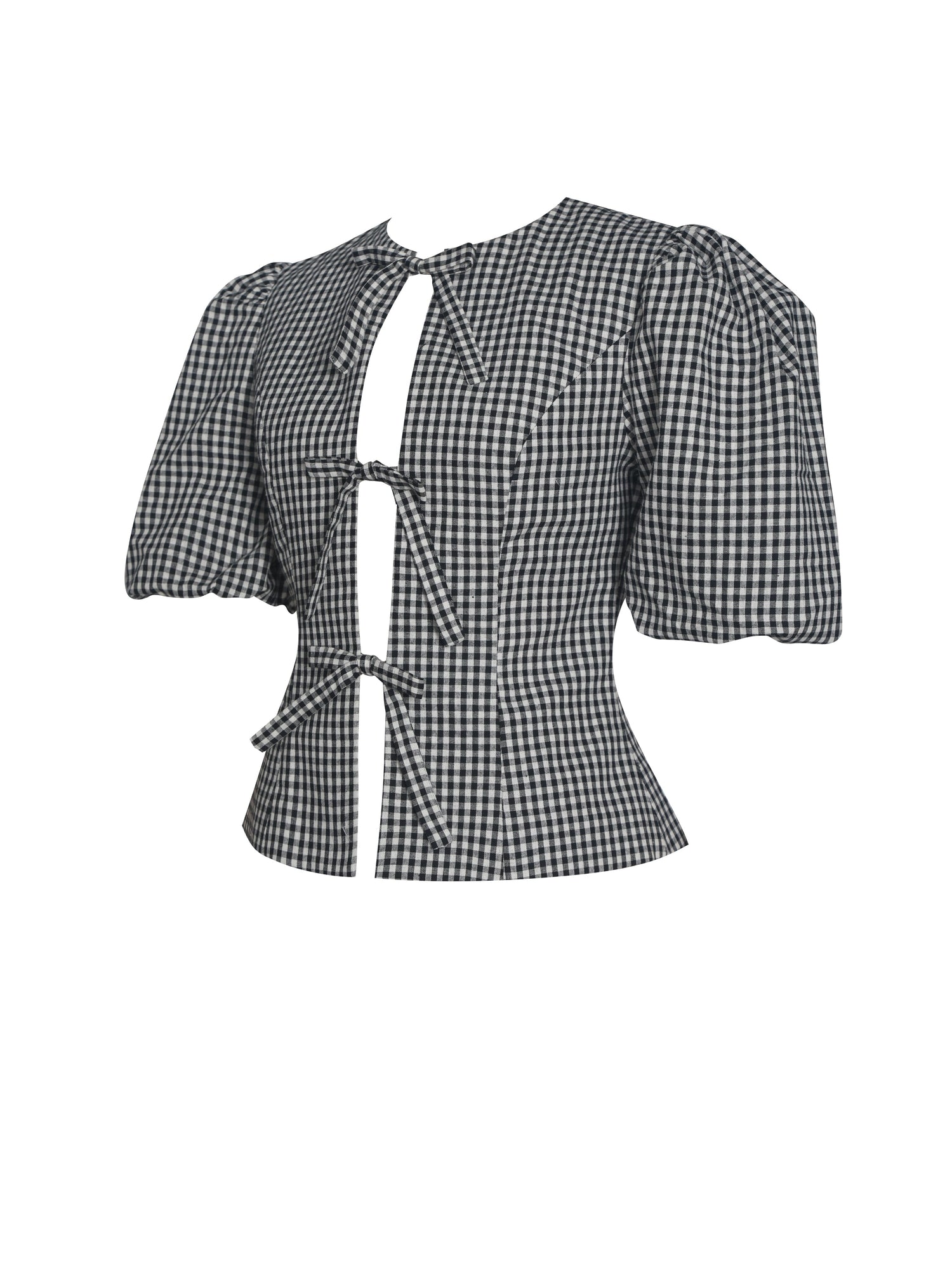 Qusayla Cotton Bubble Sleeve Bowtie Top | Black Gingham