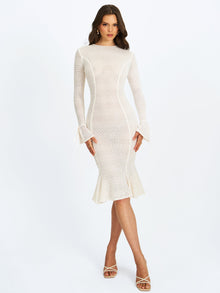 Pamina Crochet Long Sleeve Midi Flare Mermaid Dress | Beige