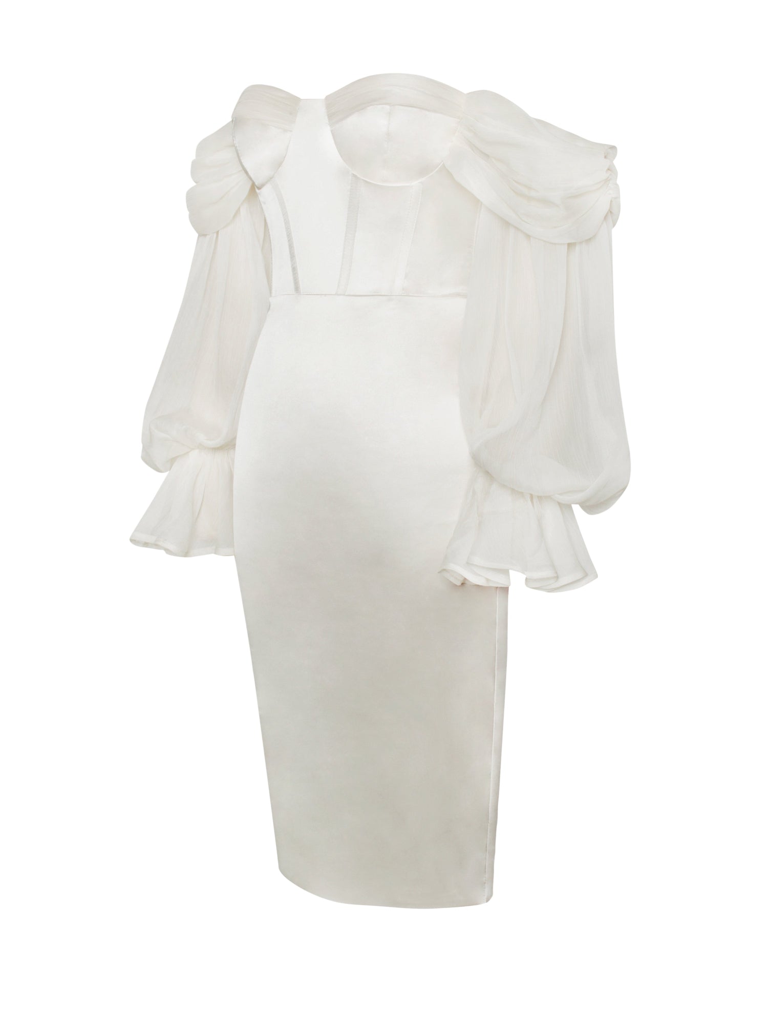 Lydia Satin Off Shoulder Puff Sleeve Dress | Pearl White