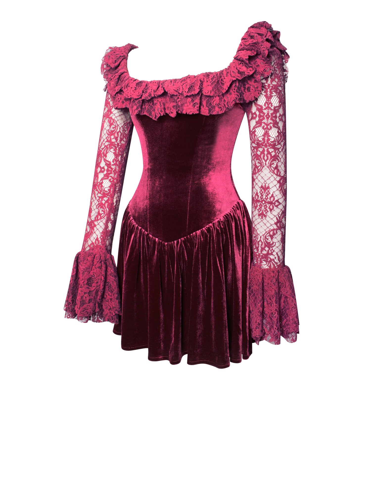 Yachira Velvet Lace Flare Sleeve Mini Dress | Burgundy