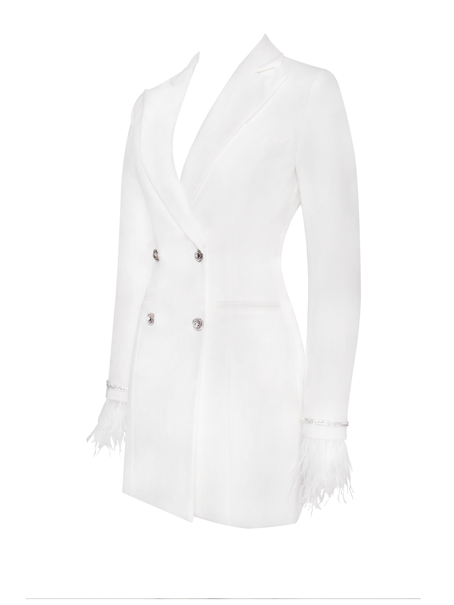 Quilla Feather Crystal Sleeve Backless Blazer Dress | White