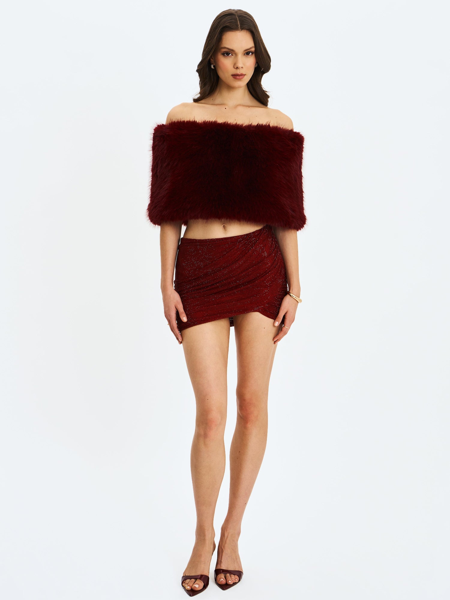 Darleen Rhinestone Mesh Low Waist Ruched Skirt | Crimson