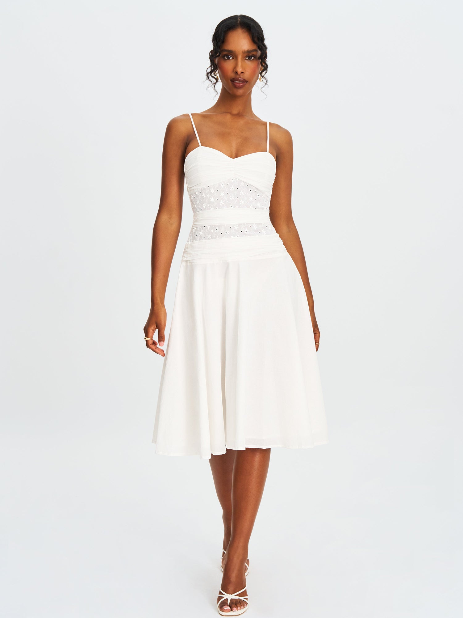 Maelis Cotton Eyelet Drop Waist Midi Dress | White