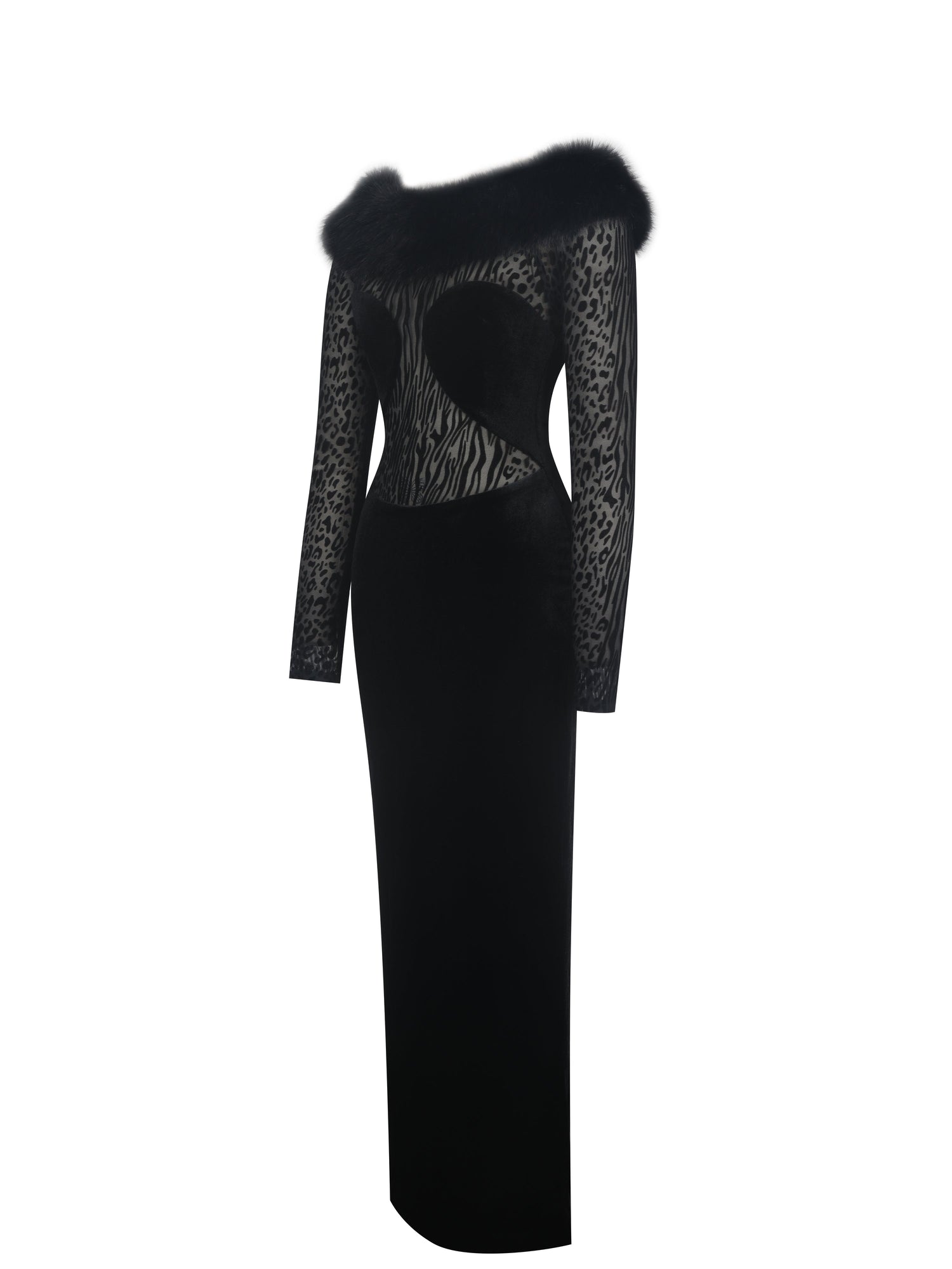 Alexis Velvet Animal Print Fur Boatneck Maxi Dress | Black