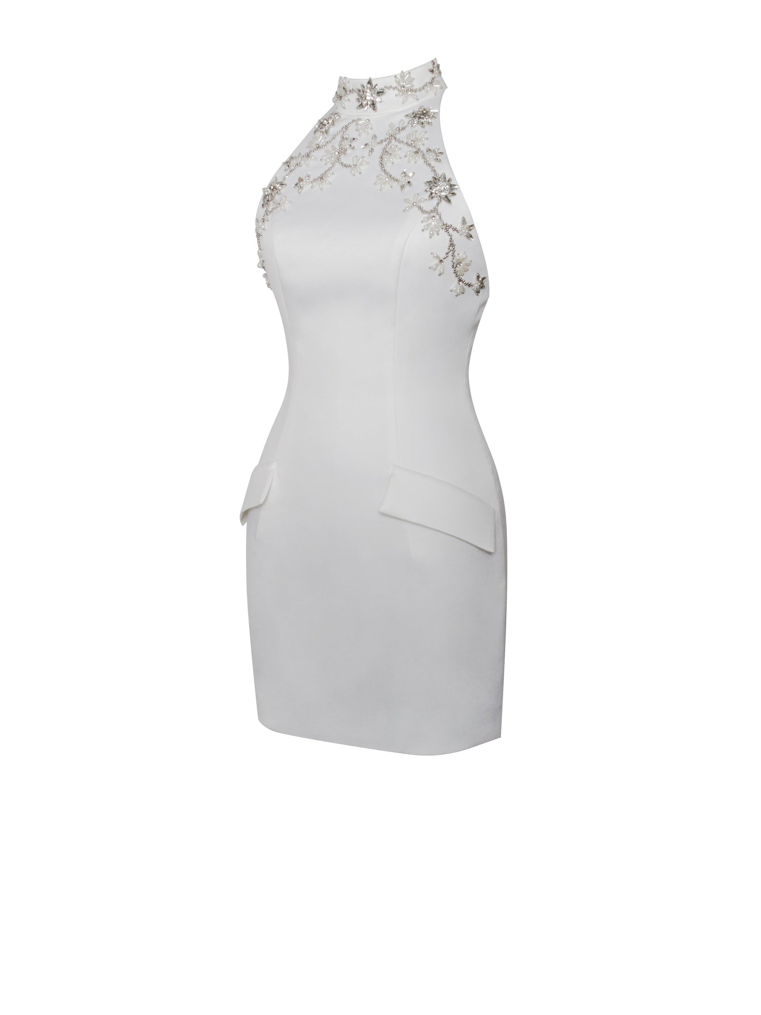 Ori Halter Neck Crystal Pearl Mini Dress | White