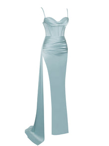 Elayna Strappy Satin Corset High Slit Gown | Pale Blue