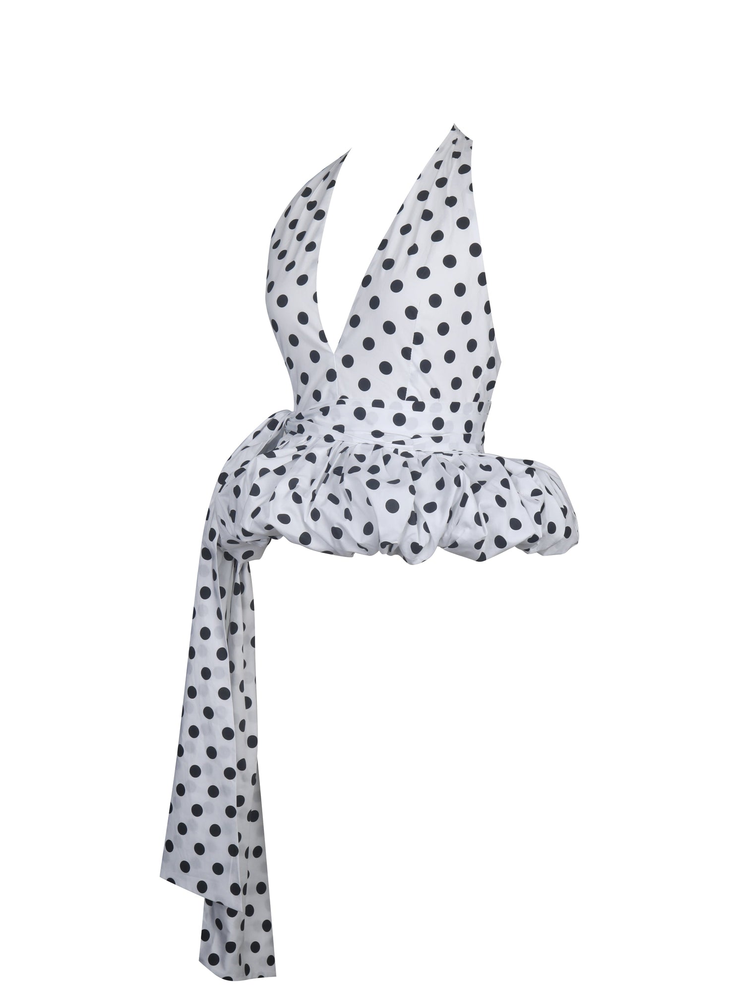 Ilene Polka Dot Cotton Poplin Bubble Hem Halter Top | Black and White Polka Dot