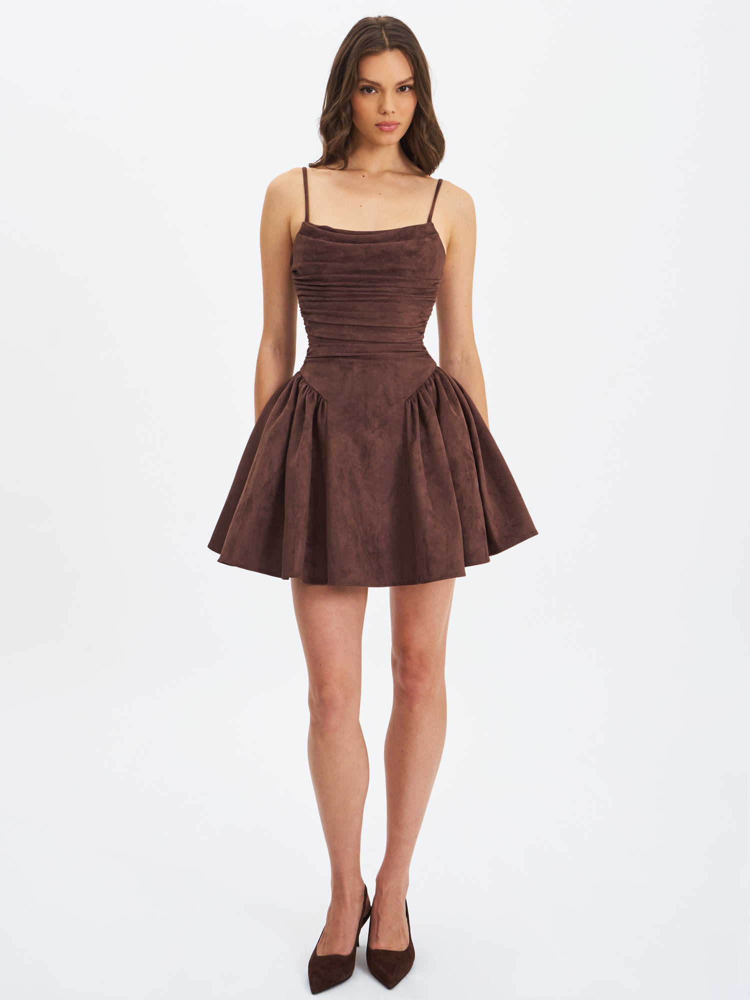 Raisa Vegan Suede Ruched Mini Dress | Mahogany