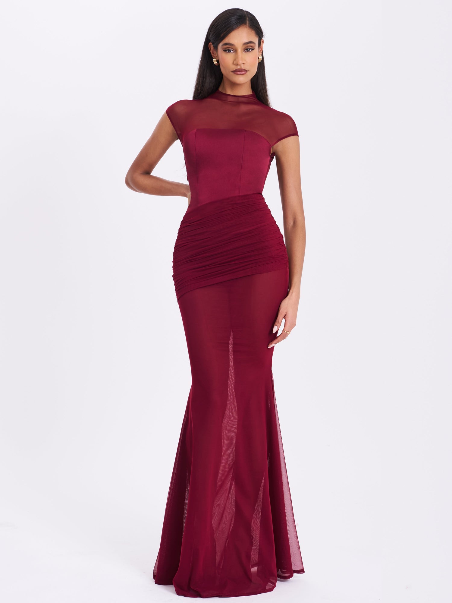 Fabienne Mesh Cap Sleeve Mermaid Gown | Burgundy