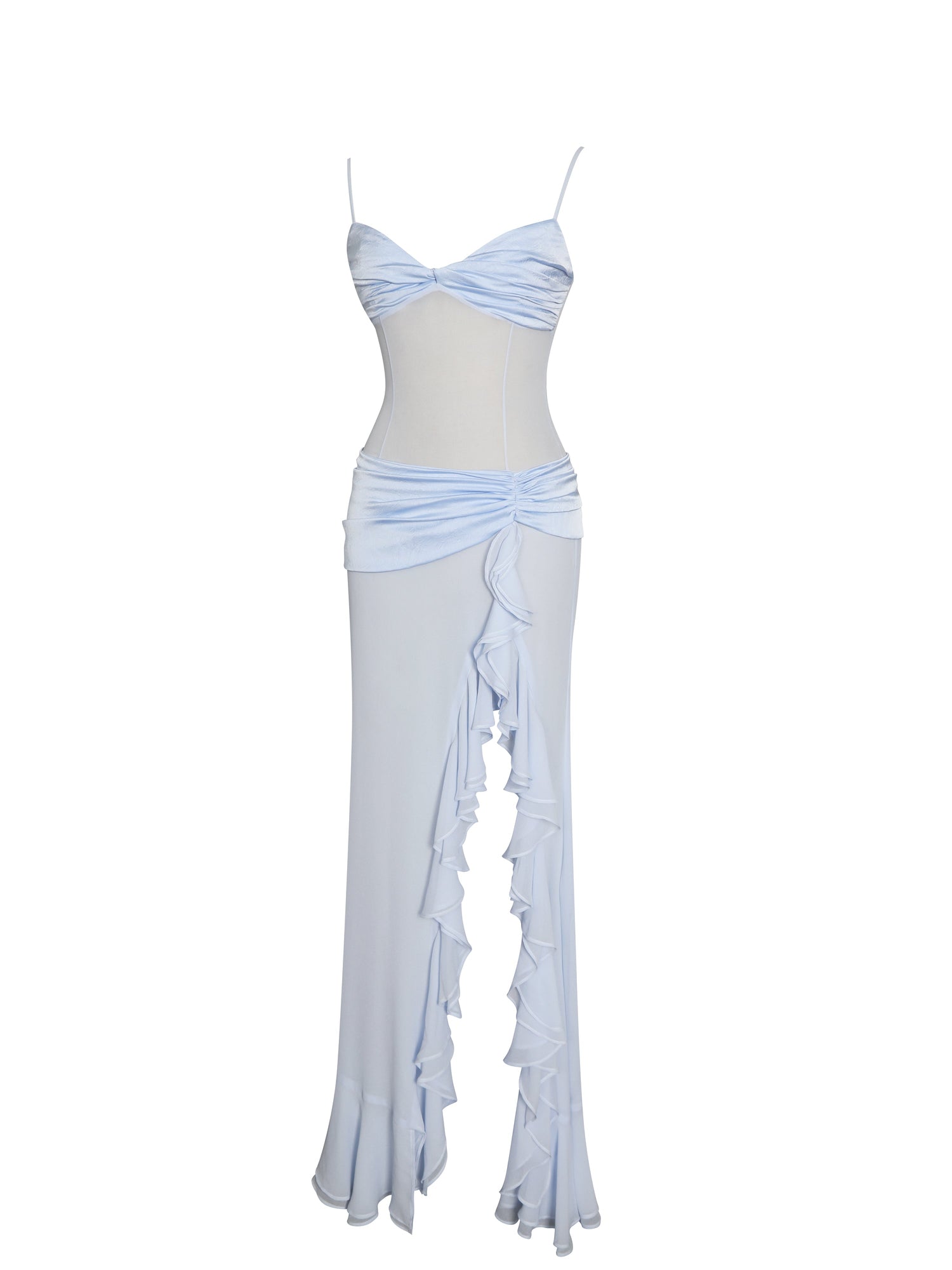 Lacy Ruched Breast High Slit Chiffon Dress | Blue
