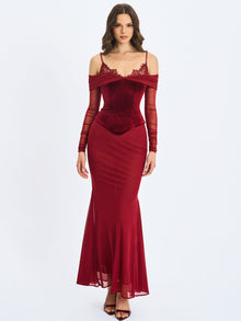Maybelle Bardot Lace Strap Peplum Maxi Dress | Magenta