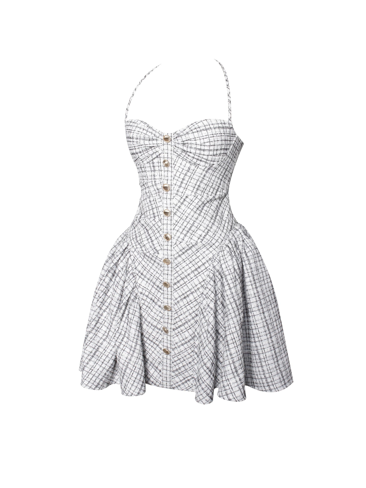 Melody Plaid Tweed Halter Drop Waist Mini Dress | Black and White