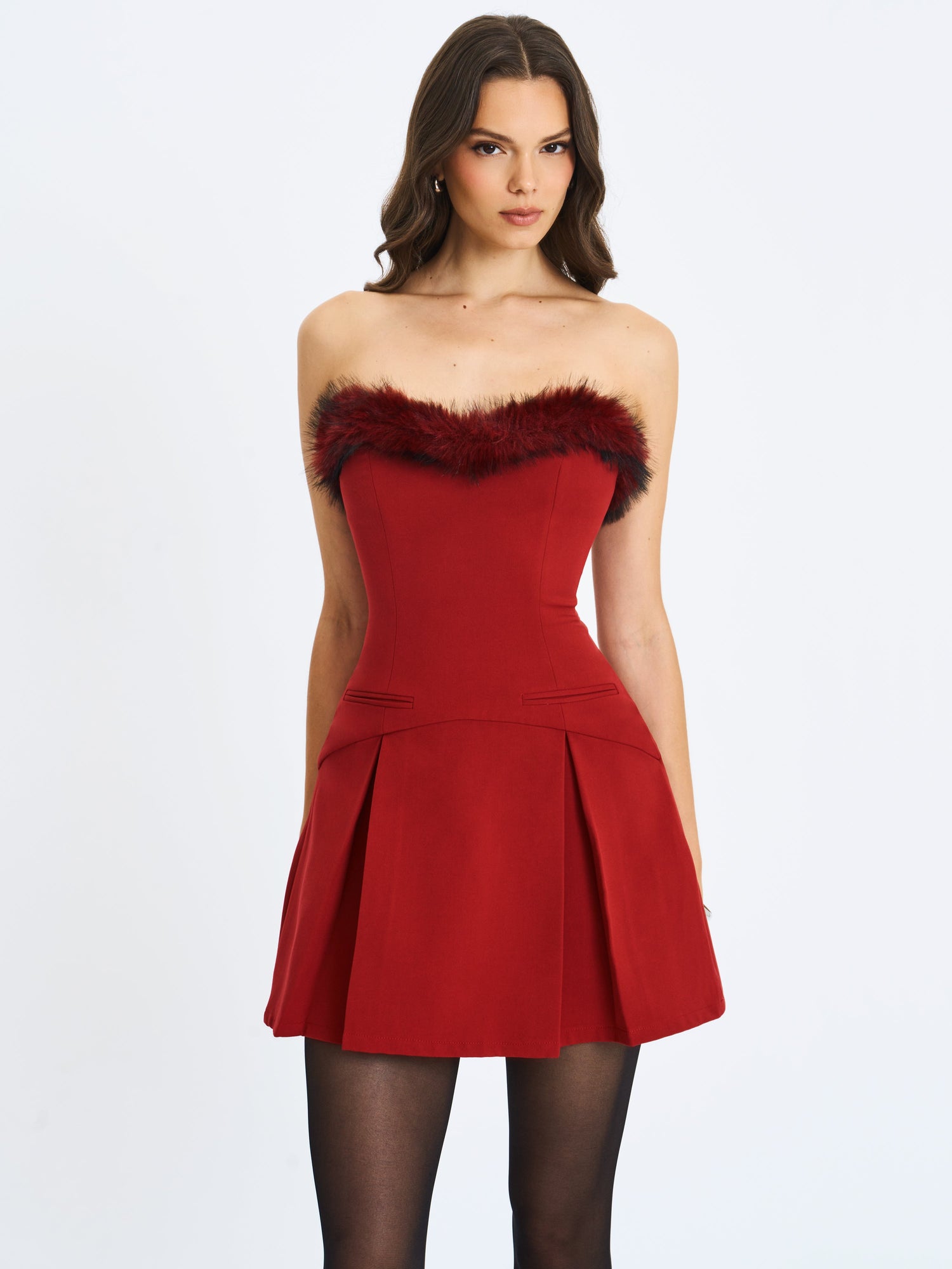 Nalia Fur Trimmed Sweetheart Mini Dress | Crimson