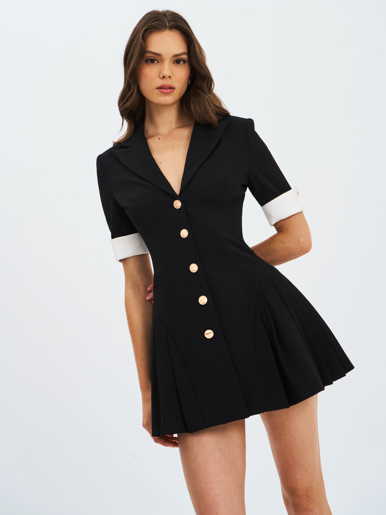 Ilitha Woven Crepe Pleated Mini Blazer Dress | Black