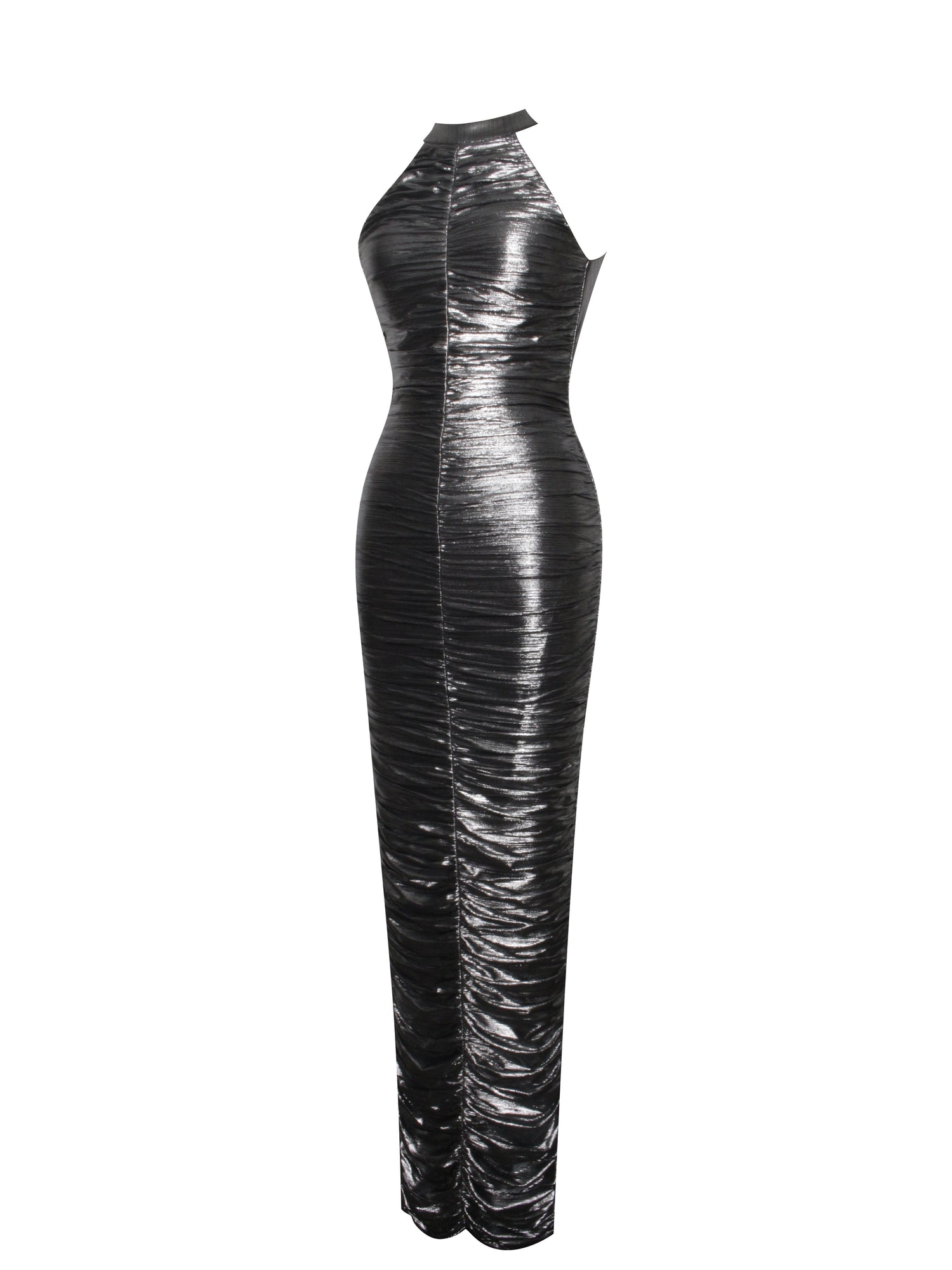 Abril Ruched Glitter Backless Gown | Silver