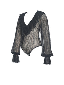Taliah Sheer Lace Ruffled Collar Bodysuit | Black
