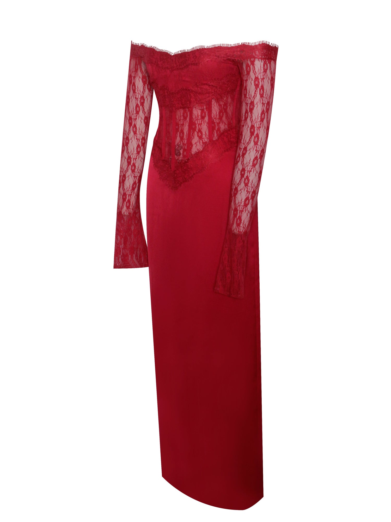 Nessa Lace Satin Corset Maxi Dress | Red