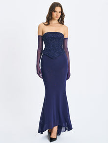 Orabelle Beaded Peplum Mermaid Maxi Gown with Lace-up Back | Navy