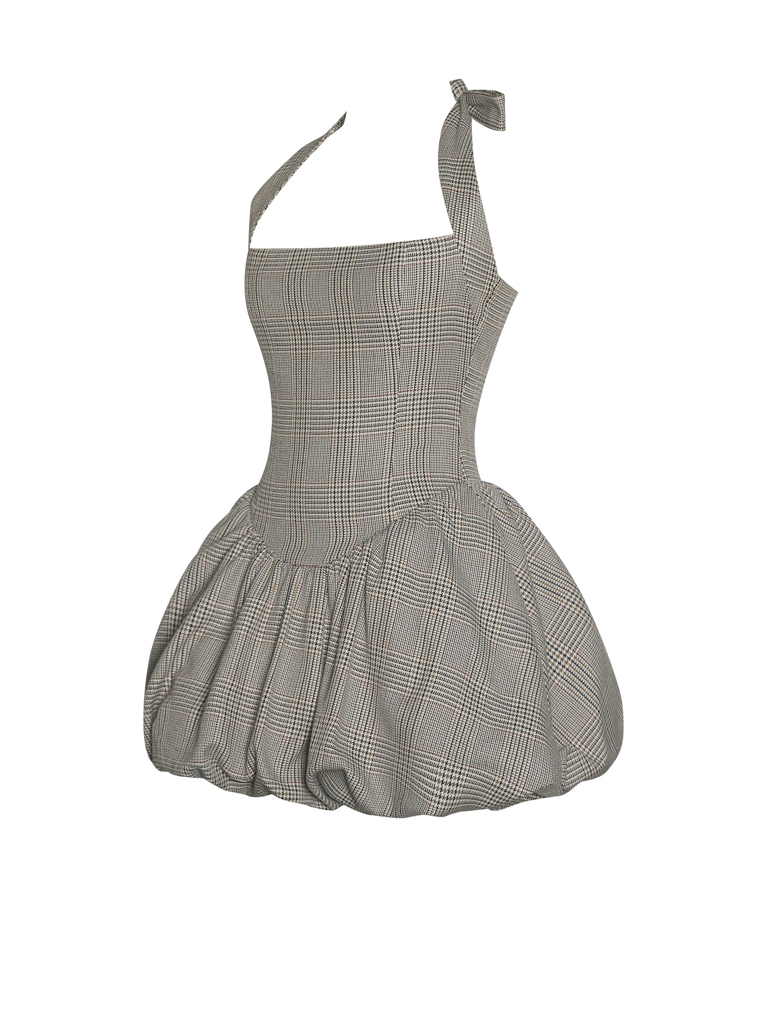 Dacia Plaid Halter Lace-up Bubble Mini Dress | Brown Plaid