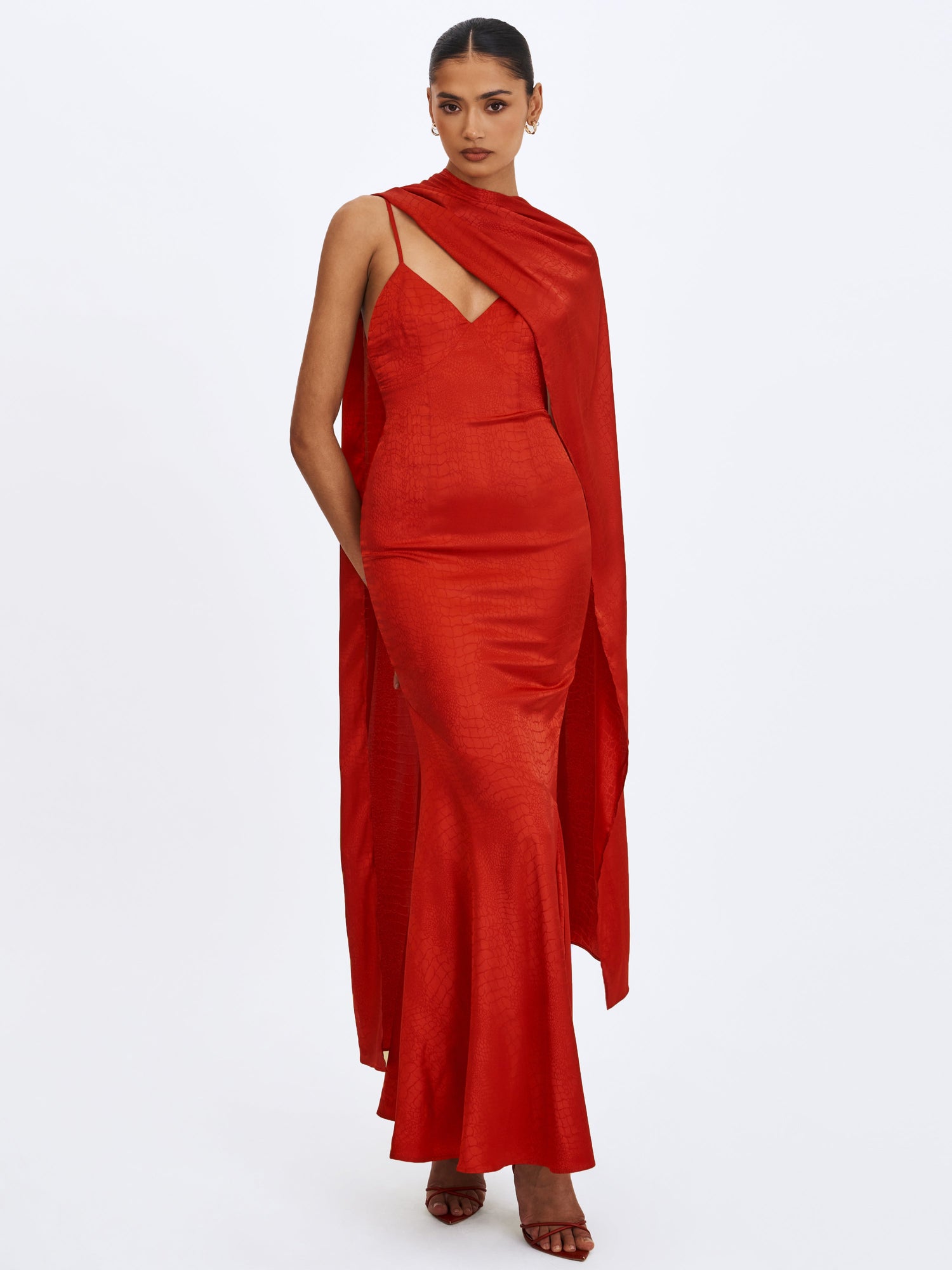 Kelsey Croc-Embossed Flared Hem Maxi Dress with Scarf | Scarlet