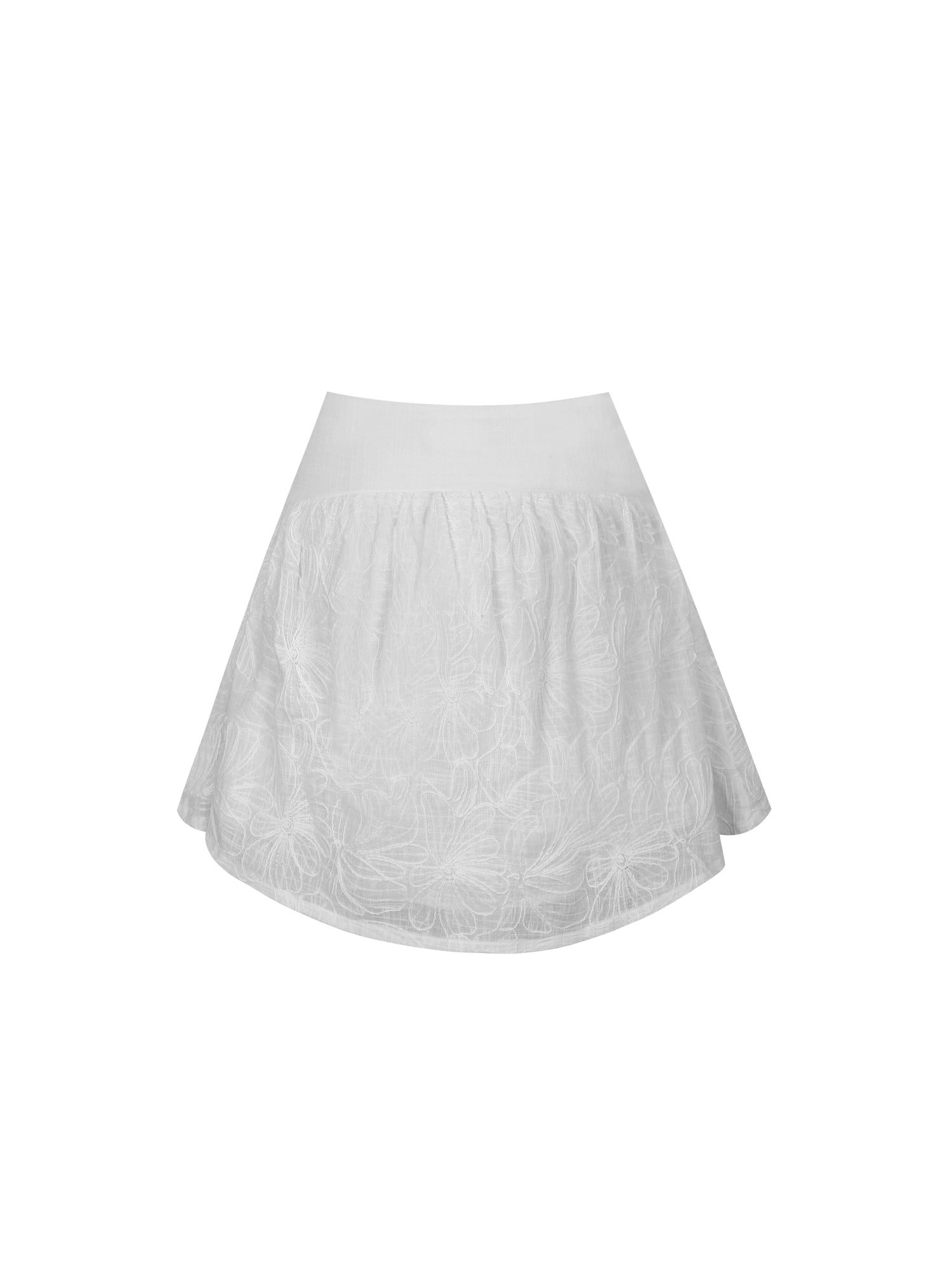 Quisha Embroidered Cotton Gauze Gathered A-Line Mini Skirt | White