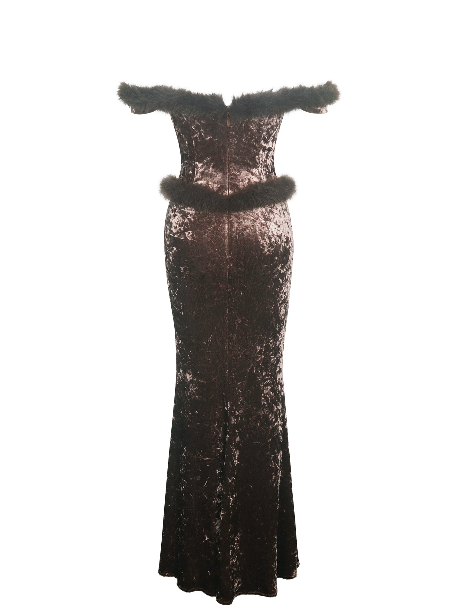 Tessa Sweetheart Bardot Faux Fur Velvet Mermaid Maxi Dress | Coffee