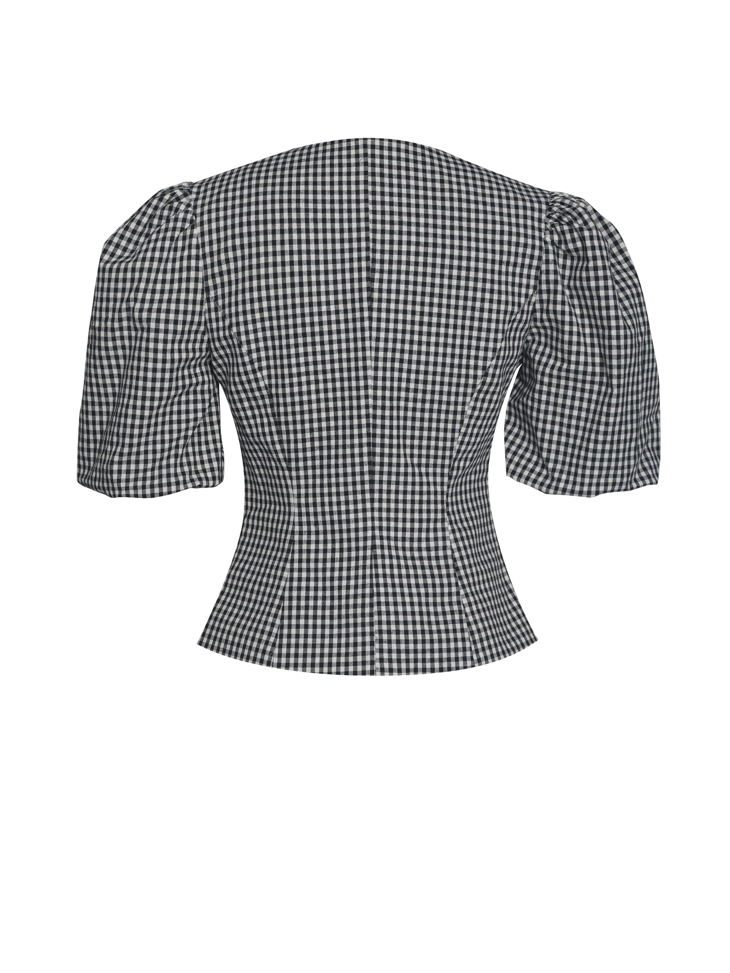 Qusayla Cotton Bubble Sleeve Bowtie Top | Black Gingham